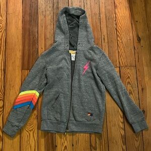 Gray Kids Hoodie with Rainbow Sleeve by Aviator Nation